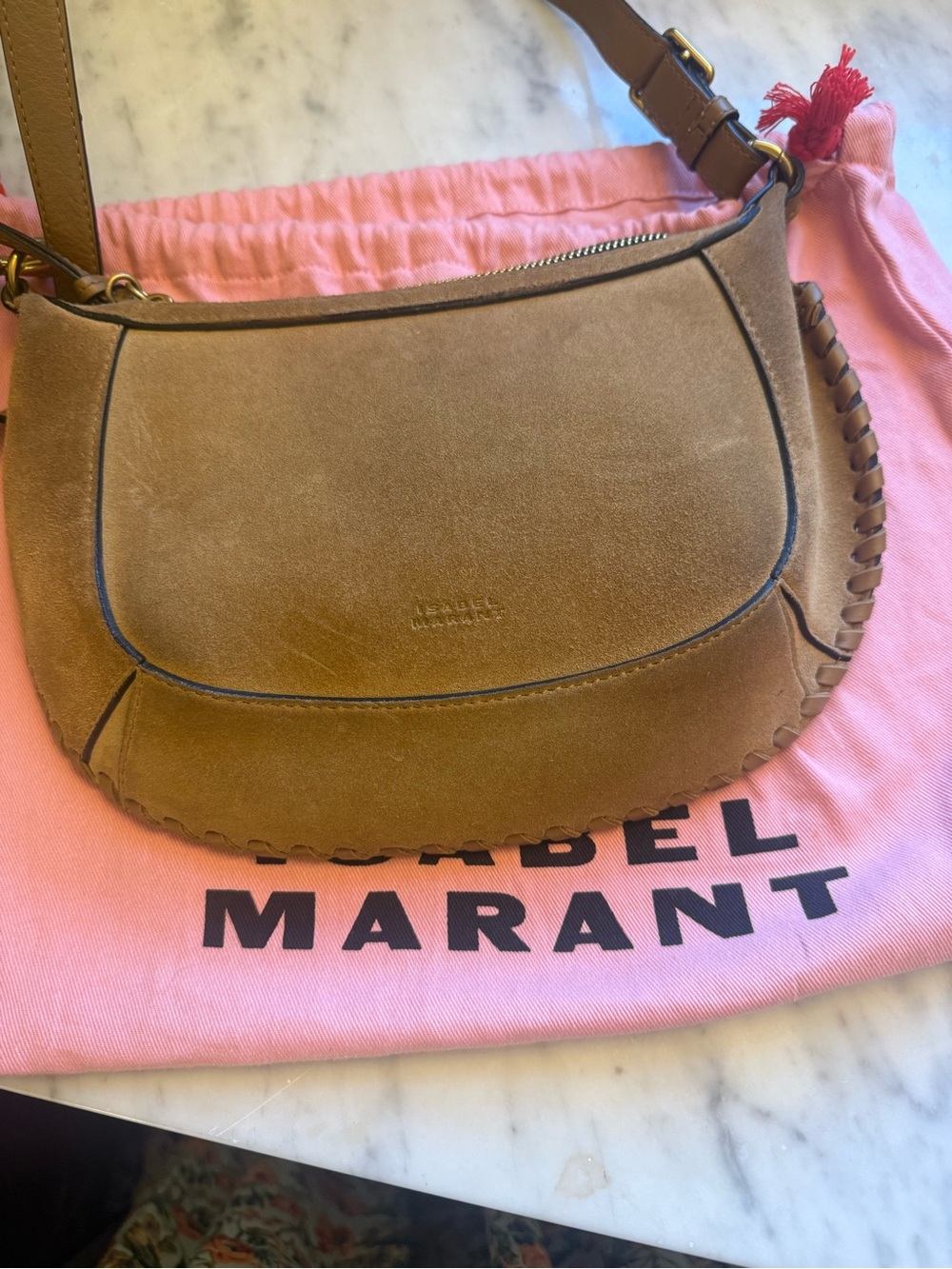 Isabel Marant Brown Suede Crescent Shoulder Bag with Whipstitch